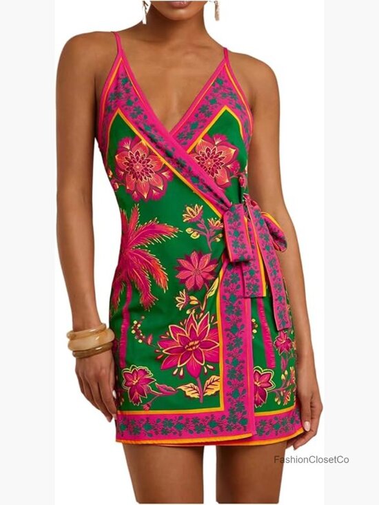Dresses & Skirts - Satin Graphic Bow Tie Mini Wrap Dress Backless Spaghetti Strap